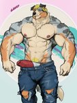 2020 3:4 abs anthro barazoku big_muscles bottomwear bulge canid canine canis clothed clothing collie denim denim_bottomwear denim_clothing domestic_dog erection eyewear eyewear_on_head floppy_ears genitals half-closed_eyes herding_dog huge_muscles humanoid_genitalia humanoid_penis jeans looking_at_viewer male mammal mane meme muscular muscular_anthro muscular_male narrowed_eyes oldshep pants pastoral_dog penis poking_out sheepdog solo solo_jazz_pattern standing sunglasses sunglasses_on_head thick_penis topless topless_male torn_bottomwear torn_clothing torn_jeans torn_pants underwear