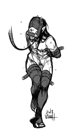 bdsm bit_gag blindfold bodily_fluids bondage bound chastity_cage chastity_device drooling gag gagged genitals humanoid_pointy_ears leash leather male nipple_piercing nipples not_furry penis piercing pointy_ears pubes saliva simple_background slave solo viddharta-joshua olgoi_khorkhoi humanoid orc monochrome signature