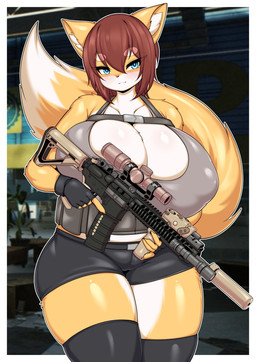 anthro areola_outline assault_rifle big_breasts black_nose blue_eyes blush bottomwear breasts brown_hair cleavage clothed clothing collarbone dipstick_tail eyebrow_through_hair eyebrows female fingerless_gloves fur gloves gun hair handwear huge_breasts inner_ear_fluff kemono legwear m4 m4a1 markings mouth_closed multicolored_body multicolored_fur nipple_outline ranged_weapon rifle short_hair slightly_chubby slightly_chubby_anthro slightly_chubby_female smile solo stockings tactical_gear tail tail_markings thick_eyebrows thick_thighs translucent translucent_hair tuft two_tone_body weapon white_body white_fur wide_hips yellow_body yellow_fur tailzkim hana_(keep0621) canid canine fox mammal hi_res