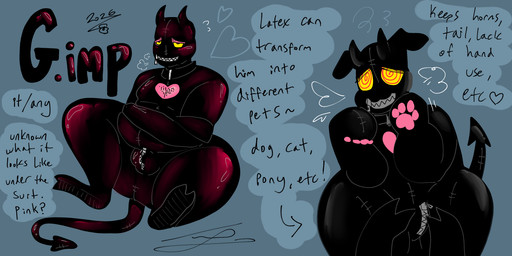anthro bdsm breath bulge chastity_bulge chastity_device cleavage_cutout collar cutout gimp gimp_mask gimp_suit glistening hooves imp_tail male mask overweight panting pawpads petplay pink_body puppyplay roleplay solo text zipper petramcbiteybite gimp_(petramcbiteybite) imp 2:1 english_text hi_res model_sheet