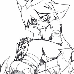 anthro backpack flaccid foreskin genitals kemono male penis shota simple_background solo white_background young young_anthro mumu canid canine fox mammal 1:1 black_and_white monochrome