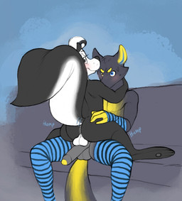 anthro arm_warmers armwear backsack balls black_body black_fur black_penis blush clothing countershading duo ears_up eyebrows foreskin from_front_position fur furniture genitals grey_body grey_fur half-erect hand_on_butt heterochromia humanoid_genitalia humanoid_penis legwear looking_at_viewer looking_back male male/male mastery_position partially_retracted_foreskin penis plantigrade raised_tail sex sofa stockings straddling tail text white_body white_fur yellow_body yellow_fur yellow_penis kaboozey looney_tunes warner_brothers pepe_le_pew shadow-teh-wolf canid canine canis mammal mephitid skunk striped_skunk wolf english_text