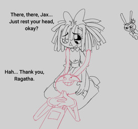 accessory anthro bow_ribbon button_(fastener) button_eyes clothing cross-popping_vein dialogue doll dress eyelashes female gloves group hair_accessory hair_bow hair_ribbon handwear kneeling long_ears male on_lap open_mouth open_smile overalls ribbons smile teeth text trio keno9988 glitch_productions the_amazing_digital_circus evil_jax_(tadc) jax_(tadc) ragatha_(tadc) animate_inanimate lagomorph leporid living_doll mammal rabbit 2025 english_text monochrome sketch