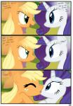 2013 absurd_res applejack_(mlp) blonde_hair blue_eyes border comic dialogue digital_media_(artwork) duo earth_pony english_text equid equine eye_contact eyes_closed female female/female feral freckles french_kissing friendship_is_magic fur green_eyes hair hasbro hi_res horn horse kissing looking_at_another mammal my_little_pony mythological_creature mythological_equine mythology orange_body orange_fur pony purple_hair pyruvate rarity_(mlp) text unicorn white_body white_border white_fur