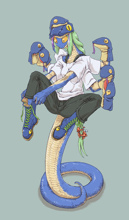 anthro balancing_on_tail blue_body blue_scales boots braided_hair clothed clothing duo female feral footwear forked_tongue green_hair hair hat headgear headwear long_hair multi_arm multi_limb puppet scales shoes simple_background solo_focus tail tongue yellow_body yellow_eyes yellow_scales antlion_(artist) ambient_sealife aquatic arthropod crab crustacean decapod malacostracan reptile scalie snake alternate_version_at_source hi_res