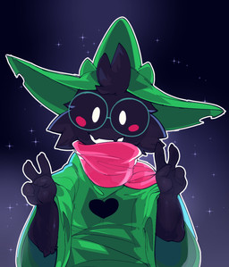 anthro black_body black_fur blush clothed clothing eyewear front_view fur gesture glasses green_clothing green_hat green_headwear hand_gesture hat head_tuft headgear headwear heart_symbol looking_at_viewer male scarf smile solo tuft v_sign mangneto deltarune undertale_(series) ralsei bovid caprine darkner goat mammal 2018 digital_media_(artwork) hi_res