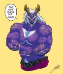 anthro clothed clothing hair male mature_male muscular muscular_anthro muscular_male nipples open_mouth pubes simple_background solo text topless white_hair jabuhusky mythology super_sentai uchu_sentai_kyuranger shou_ronpo dragon mythological_creature mythological_scalie scalie 2017 digital_media_(artwork) english_text hi_res