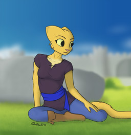 anthro boots bottomwear breasts clothed clothing countershading eyebrows female female_anthro field footwear fur grass kvatch legwear multicolored_body multicolored_fur nails outside painted_underwear pants plant plantigrade relaxing rock sash shirt shoes sitting small_breasts smile solo tail topwear underwear wall_(structure) yellow_body yellow_eyes yellow_fur johndoe8771 cc-by-sa creative_commons microsoft prequel_adventure the_elder_scrolls katia_managan felid khajiit mammal absurd_res digital_media_(artwork) hi_res shaded