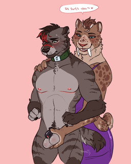 anthro areola ball_fondling balls barbell_piercing black_chastity_cage blue_eyes blush blush_lines body_hair brown_hair chastity_cage chastity_device clothing collar dialogue dress duo ear_piercing ear_ring fangs female fondling fur genitals gloves_(marking) green_eyes grey_body grey_fur hair hand_on_shoulder happy_trail male male/female markings mastectomy_scar nipple_barbell nipple_piercing nipples nude_anthro nude_male piercing pink_areola pink_background pink_nipples red_hair_tips ring_piercing scar simple_background solid_chastity_cage speech_bubble striped_body striped_fur stripes teeth text wearing_chastity_cage wearing_chastity_device wearing_collar vannthunder vann_thunder_(character) zira_(vannthunder) cougar felid feline gulonine mammal mustelid musteline prehistoric_species saber-toothed_tiger wolverine 4:5 digital_drawing_(artwork) digital_media_(artwork) english_description english_text hi_res trans_(lore) trans_man_(lore)