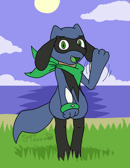ambiguous_gender anthro black_body black_fur blue_body blue_fur bracelet cloud day eyebrows fur gesture grass green_bracelet green_eyes green_insides green_kerchief green_neckerchief green_tongue jewelry kerchief looking_at_viewer neckerchief neckwear open_mouth open_smile outside plant raised_eyebrows sky smile solo standing sun tail teeth text tongue water waving waving_at_viewer softfoxxo nintendo pokemon generation_4_pokemon pokemon_(species) riolu artist_name
