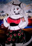 alcohol anthro beach beverage black_nose breasts burrito clothed clothing female flower flower_crown food fur grey_body grey_fur hair inner_ear_fluff mexican_dress mexican_flag mexico navel outside plant red_sclera sea seaside smile solo tequila tuft water white_body white_fur white_hair isidia_f1 helluva_boss loona_in_mexico mythology loona_(helluva_boss) canid canid_demon canine canis demon hellhound mammal mythological_canine mythological_creature wolf 2022 hi_res traditional_media_(artwork)