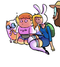 anthro backpack blonde_hair blue_bottomwear blue_clothing blue_sclera blue_shirt blue_shorts blue_topwear bottomwear brown_hair clothing dot_eyes eyewear female feral footwear fur glasses green_backpack group hair hat headgear headwear long_socks male multicolored_body multicolored_fur pointy_ears prick_ears shirt shorts simple_eyes socks t-shirt tan_hat tan_headwear tongue tongue_out topwear two_tone_body two_tone_fur white_body white_clothing white_footwear white_fur white_hat white_headwear white_shirt white_socks white_t-shirt white_topwear yellow_body yellow_fur sean_glaze adventure_time cartoon_network disney fionna_and_cake fionna_and_cake_(franchise) stugo cake_the_cat fionna_the_human pliny sara_(stugo) domestic_cat felid feline felis human mammal crossover official_art