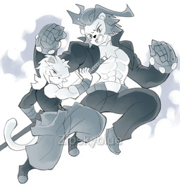 anthro duo fight holding_object holding_weapon male male/male weapon zipskyblue akira_(zipskyblue) jc_(zipskyblue) felid feline mammal hi_res monochrome