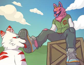 blue_eyes blue_nose blue_sclera blue_sky blue_tongue bottomwear box clothing cloud container crate denim denim_bottomwear denim_clothing duo feet foot_fetish footwear fur jacket jeans laces letterman_jacket licking_shoe light looking_down looking_down_at_partner male male/male open_mouth pants pinata pink_body pink_fur red_eyes red_nose red_sclera red_stripes red_tongue shoe_fetish shoelaces shoes sitting_on_crate sky smile striped_body striped_fur stripes sunlight tongue tongue_out topwear white_body white_fur kiwifizz epic_games fortnite andy_fangerson animate_inanimate canid canine living_pinata mammal absurd_res cel_shading hi_res shaded