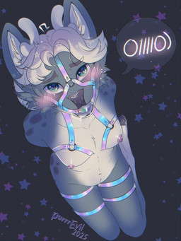 andromorph anthro antlers ball_gag bdsm blush bodily_fluids bondage bound fur gag gagged hair horn intersex looking_at_viewer nude simple_background solo purrr-evil rain_(purrr-evil) deer mammal digital_media_(artwork) trans_(lore)