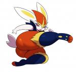 2019 ambiguous_gender anthro attack attacking_viewer blush butt cinderace clothed clothing digital_media_(artwork) feet generation_8_pokemon hi_res kick legwear mammal nintendo open_mouth pokemon pokemon_(species) rear_view simple_background small_tail solo sssonic2 tail thick_thighs white_background