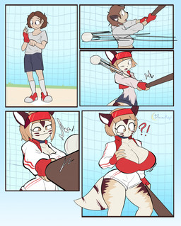 anthro ball baseball_(ball) batting big_breasts bottomwear breast_growth breasts brown_hair clothed clothed_anthro clothed_female clothed_human clothed_male clothing collar eyelashes female fingerless_gloves fingers fishnet_clothing footwear fully_clothed fully_clothed_anthro fully_clothed_female fully_clothed_human fully_clothed_male gender_transformation gloves growth hair handwear holding_baseball_bat human_to_anthro interrobang male mtf_transformation net shirt shoes short_hair shorts smile socks solo species_transformation standing surprised surprsied tail topwear transformation dreamerknight coati human mammal procyonid 2026 comic digital_media_(artwork) hi_res