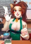 anthro apron barista beverage bra breasts brown_eyes brown_hair brown_markings cafe cash_register claws cleavage clothed clothing coffee coffee_shop collar collar_tag container facial_markings facial_piercing female finger_claws floppy_ears food frilly frilly_bra frilly_clothing frilly_underwear fur hair head_markings heart_eyes heart_symbol jar looking_at_viewer markings medium_breasts nose_piercing one_eye_closed open_mouth open_smile pastry pen_in_pocket piercing pink_claws pink_nose ponytail seam_(sewing) smile solo tan_body tan_fur text tip_jar tongue underwear waiter wink wristband waitress_(artist) lexie canid canine canis domestic_dog mammal 2019 digital_media_(artwork) english_text hi_res shaded