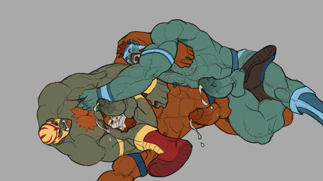 balls barazoku beast-man genitals green_body green_skin group hair humanoid_genitalia humanoid_penis luchador male mask muscular muscular_humanoid muscular_male nipple_fetish nipple_pinch nipple_play penis pinch tusks wrestler wrestling rickleone humanoid orc hi_res