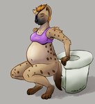 anthro birth birthing_stool bottomless bra clothed clothing crouching elaine_(ransim) eye_patch eyes_closed eyewear female hi_res hyena labor mammal pregnant pregnant_female ransim spots spotted_hyena underwear