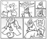 anthro aroused balls beanie blush bodily_fluids clothing comic dialogue duo english_text erection eyes_closed foreskin genitals hat headgear headwear human humanoid_genitalia humanoid_penis inner_monologue itsamehornio lying male mammal monochrome moomin moomintroll mostly_nude nervous on_back penis scarf sleeping sleepwear snufkin tears text the_moomins thought_bubble troll_(mythology) waking_up wet_dream