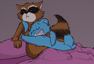 :< :d angry anthro bed bed_covers bedding bedroom black_body black_fur black_nose black_tail blue_body blue_fur blue_nose blue_tail bodily_fluids brown_body brown_fur brown_tail buckteeth butt drooling duo eyes_closed fluffy fluffy_tail frown fur furniture hand_on_back happy hug inside long_ears looking_away lying male male/male multicolored_body multicolored_fur multicolored_tail narrowed_eyes notched_ear on_bed on_front open_mouth pillow saliva scut_tail short_tail sitting sitting_on_bed smile squint tail teeth white_body white_fur bibobabube guardians_of_the_galaxy marvel blackjack_o'hare rocket_raccoon lagomorph leporid mammal procyonid rabbit raccoon 2015