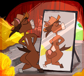 anthro balls big_balls boombox bouncing_balls bouncing_butt brown_body butt clothing cowboy_hat dancing dialogue femboy genitals hat hat_only headgear headgear_only headwear headwear_only huge_balls male mirror mirror_reflection mostly_nude reflection solo speech_bubble text thick_thighs wide_hips roksim equid equine horse mammal 2d_animation animated digital_media_(artwork) english_text frame_by_frame story story_in_description