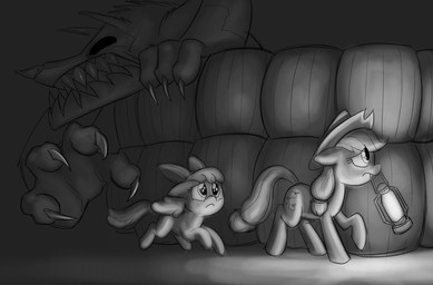 accessory barrel bow_(feature) bow_accessory bow_ribbon claws clothing cowboy_hat cutie_mark fangs female feral glowing group hair hair_accessory hair_bow hair_ribbon hat headgear headwear lamp lantern ribbons sharp_teeth side_view size_difference teeth mickeymonster friendship_is_magic hasbro my_little_pony apple_bloom_(mlp) applejack_(mlp) canid canine earth_pony equid equine horse mammal monster pony 2014 sibling_(lore) sister_(lore) sisters_(lore)