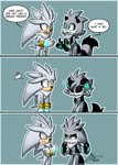 angry anthro blue_eyes cheek_tuft chest_tuft clothing dialogue duo facial_tuft fingerless_gloves fur gloves grey_body grey_fur handwear imitating male markings quills_(anatomy) sharp_teeth speech_bubble striped_markings striped_tail stripes tail tail_markings teeth tuft yellow_eyes finikart sega sonic_the_hedgehog_(series) silver_the_hedgehog stripes_the_raccoon_(finikart) eulipotyphlan hedgehog mammal procyonid raccoon 2017 comic signature