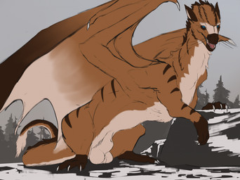 animal_genitalia balls black_sclera blue_eyes brown_body brown_fur claws feral fully_sheathed fur genitals looking_at_viewer male membrane_(anatomy) membranous_wings sheath snow solo white_body white_claws white_fur wings rakess mythology dragon furred_dragon furred_scalie mythological_creature mythological_scalie scalie hi_res