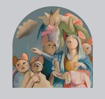 ambiguous_gender anthro biped black_nose blue_clothing blue_sky border brown_body buckteeth clothing cloud green_clothing male religion sky smile standing teeth whiskers white_border boarboy christianity domestic_cat felid feline felis mammal mouse murid murine rodent absurd_res hi_res inspired_by_formal_art