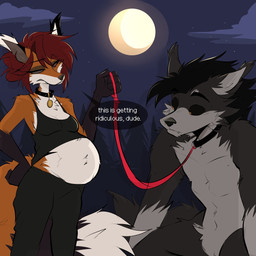 anthro belly big_belly black_body black_fur black_hair bottomwear breasts clothed clothed_female clothing collar dialogue duo featureless_crotch female fluffy fluffy_tail full_moon fur hair holding_leash holding_object leash leashed_collar leashed_male light looking_at_belly male male/female moon moonlight orange_body orange_fur outside pants pregnant pregnant_anthro pregnant_female red_hair speech_bubble tail text shutupjen mythology jen_(shutupjen) canid canine canis fox mammal mythological_canine mythological_creature werecanid werecanine werecreature werewolf wolf 1:1 english_text hi_res
