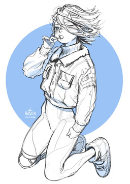 bottomless button_(fastener) candy clothed clothing dessert featureless_crotch female food horn jacket kneeling lollipop looking_at_viewer machine one_eye_closed simple_background small_horn solo topwear azuza android humanoid robot 2020 dated hi_res partially_colored signature