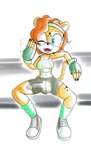 blue_eyes breasts bulge clothed clothing genitals gynomorph hair intersex orange_hair penis sitting solo wardrobe_malfunction yellow_body fourssss sega sonic_the_hedgehog_(series) fan_character stacey_the_cheetah cheetah felid feline mammal 2024 hi_res