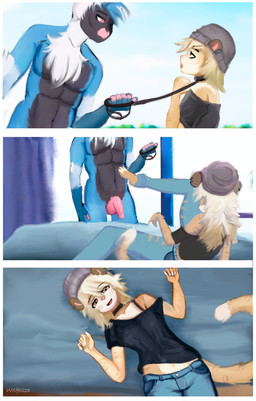 abs anthro bed belly blue_body blue_fur bottomwear breasts chest_tuft clothed clothed_female clothing clothing_lift collar day denim denim_bottomwear denim_clothing duo female fur furniture genitals headgear headwear jeans leash leash_pull leashed_collar light lying male male/female midriff nude on_back on_bed pants penis pink_eyes pink_penis shirt shirt_lift sky smile sunlight topwear tuft white_body white_fur yellow_body yellow_fur wolfelliza corey_(itscorona29) flikr felid feline mammal absurd_res comic hi_res