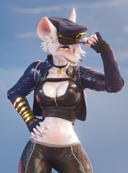 anthro clothed clothing female hair hat headgear headwear humanoid_hands police police_officer police_uniform red_eyes solo uniform white_hair toubean officer_flint_(foresttherotten) mammal murid murine rat rodent hi_res