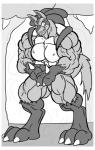 3_fingers 3_toes abs anthro biceps big_breasts big_muscles border breasts claws clenched_teeth fangs featureless_breasts feet female fierce fingers forest huge_breasts huge_muscles hyper hyper_muscles looking_at_viewer muscular muscular_female pecs plant quads smile spikes tail teeth toe_claws toes tree white_border black-rat nintendo pokemon canid canine generation_4_pokemon lucario mammal pokemon_(species) comic greyscale hi_res monochrome