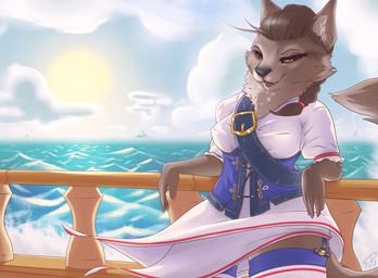 against_fence against_surface anthro belt breasts brown_body brown_fur clothing cloud corset detailed_background dress female fence fur island legwear lingerie mistress neck_tuft outside pirate sea seascape sky smile solo sun thigh_highs topwear tuft water wave wind friskalpox canid canine fox mammal 2018 digital_media_(artwork)