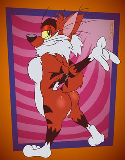3_toes 4_fingers abstract_background anthro arched_back arm_tuft back_tuft bedroom_eyes belly big_butt biped black_eyebrows black_nose black_stripes bubble_butt butt butt_focus casual_nudity cheek_tuft chest_tuft chin_tuft curling_tail curvy_figure eyebrows facial_tuft feet fingers fluffy fluffy_chest fur gesture glance glancing_back glistening glistening_butt gloves_(marking) grin grinning_at_viewer half-closed_eyes hand_gesture head_tuft humanoid_feet humanoid_hands humanoid_heel leg_markings lines_drawn looking_at_viewer looking_back looking_back_at_viewer male markings multicolored_body multicolored_fur narrowed_eyes nude orange_body orange_fur plantigrade pointing pointing_at_viewer pointing_back pose presenting presenting_hindquarters raised_heel raised_tail rear_view ringed_background scut_tail seductive short_tail shoulder_tuft slightly_chubby slightly_chubby_anthro slightly_chubby_male small_tail small_waist smile smiling_at_viewer smirk smirking_at_viewer smug smug_expression smug_face smug_grin socks_(marking) soles solo spine spiral_background standing standing_on_toes striped_body striped_fur striped_markings striped_tail stripes tail tail_markings tasteful_nudity teasing teasing_look teasing_viewer teasing_with_butt teasing_with_tail thick_eyebrows tiptoes toes toony tuft two_tone_body two_tone_fur whiskers white_belly white_body white_feet white_fur white_hands wide_hipped_anthro wide_hipped_male wide_hips yellow_sclera gavanzude adventures_from_the_book_of_virtues pbs socrates_the_bobcat bobcat felid feline lynx mammal 2026 alternate_version_at_paywall colored digital_drawing_(artwork) digital_media_(artwork) flat_colors hi_res pinup signature