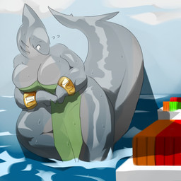 anthro big_breasts big_tail biped bracelet breasts clothing day dress female green_clothing green_dress grey_body grey_skin jewelry looking_aside macro muscular muscular_anthro muscular_female outside partially_submerged sea shipping_container solo tail thick_tail thick_thighs water wet psznnp aquatic fish shark 1:1 2020