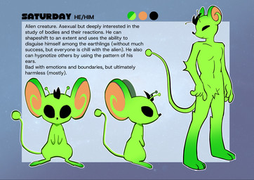 antennae_(anatomy) anthro big_eyes feral fur green_body green_fur male rodent_ears rodent_tail solo tail text dogtober saturday_(dogtober) alien mammal mouse murid murine rodent english_text hi_res model_sheet