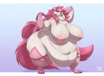 anthro belly big_belly big_breasts big_nipples breasts claws digitigrade ears_up female fur hair huge_belly huge_breasts long_hair looking_at_viewer nipples nude obese obese_female overweight overweight_female pink_body pink_eyes pink_fur pink_hair pink_nipples simple_background solo thick_thighs white_body white_fur wide_hips biglovealicia olivia_(oliviamancer) canid canine fox mammal 2024 cel_shading hi_res letterbox shaded signature