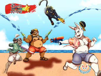 anthro beach clothing female group male swimwear toy toy_gun water_gun rock_e_rumble super_soaker gideon_dos_santos kiki_maneko rocky_nabba shou_hakkai bovid caprine domestic_cat felid feline felis goat lagomorph leporid mammal rabbit suid suine sus_(pig) wild_boar 4:3 absurd_res hi_res trans_(lore) trans_man_(lore)