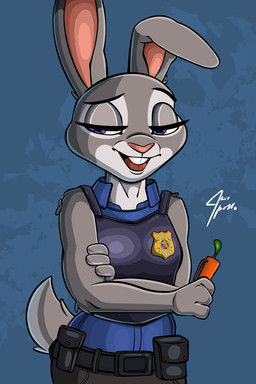 anthro armor body_armor breasts buckteeth clothed clothing crossed_arms female fur grey_body grey_fur holding_object looking_at_viewer multicolored_body multicolored_fur open_mouth open_smile police police_badge police_uniform purple_eyes scut_tail short_tail simple_background small_breasts smile solo tail teeth two_tone_body two_tone_fur uniform jace_apollo disney zootopia judy_hopps lagomorph leporid mammal rabbit 2:3 hi_res