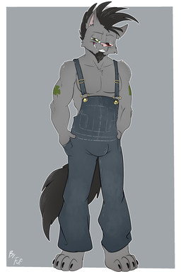 anthro beard biped black_beard black_facial_hair black_hair bulge cheek_tuft claws clothed clothing digitigrade eyebrows facial_hair facial_tuft front_view fur grey_body grey_fur grin hair half-closed_eyes hands_in_both_pockets male narrowed_eyes overalls overalls_only pink_nose short_hair simple_background smile solo standing toe_claws tuft fuf boony_(boony) canid canine canis mammal wolf 2019 2:3 hi_res