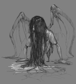 bat_wings bisected black_hair clothing female fingernails guts hair hair_over_face intestines lifting long_hair membrane_(anatomy) membranous_wings messy_hair nails organs sharp_fingernails sharp_nails shirt simple_background solo topwear wings ruffu philippine_mythology unnamed_character humanoid manananggal monster monstrous_humanoid digital_drawing_(artwork) digital_media_(artwork) hi_res sketch