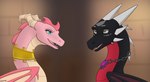 black_body blue_eyes duo female feral green_eyes horn jewelry makeover necklace pink_body wings apollyondragon activision mythology spyro_the_dragon cynder ember_(spyro) dragon mythological_creature mythological_scalie scalie 2023 digital_drawing_(artwork) digital_media_(artwork) half-length_portrait hi_res portrait signature