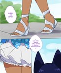 animal_humanoid blue_hair cat_humanoid clothed clothing comic dark_body dark_skin dialogue dress english_text felid felid_humanoid feline feline_humanoid female footwear hair hi_res humanoid lightsource male_(lore) mammal mammal_humanoid murasaki_(lightsource) outside shoes solo text