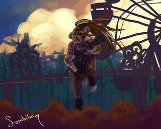 amusement_ride anthro biped black_nose boots breasts brown_body brown_eyes brown_fur brown_hair clothed clothing female ferris_wheel fingers footwear front_view fully_clothed fur gloves gun hair handwear holding_gun holding_object holding_ranged_weapon holding_weapon looking_at_viewer markings on_wall outside ranged_weapon rifle scar shoes sitting sky solo spots spotted_body spotted_fur sunset weapon sorabito s.t.a.l.k.e.r. zoya_(cloakedthief) hyena mammal spotted_hyena 2017 5:4 digital_media_(artwork) full-length_portrait portrait