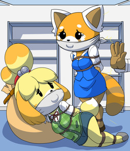 anthro bag bdsm bell blush blush_stickers bondage bottomwear bound closet clothed clothing duo female fur furgonomics gag monotone_bottomwear monotone_clothing monotone_skirt office_lady pencil_skirt pushing restraints rope rope_bondage skirt tail tail_through_skirt ryuseihikari aggretsuko animal_crossing nintendo sanrio isabelle_(animal_crossing) retsuko ailurid canid canine canis domestic_dog mammal red_panda shih_tzu toy_dog absurd_res hi_res